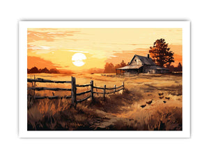 Golden Homestead rustic landscape illustration canvas art for farmhouse living room or dining space decor.
