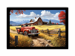Rustic red truck farmhouse canvas art for warm living room decor.