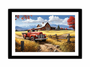 Rustic red truck farmhouse canvas art for warm living room decor.