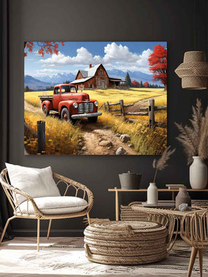 Rustic red truck farmhouse canvas art for warm living room decor.
