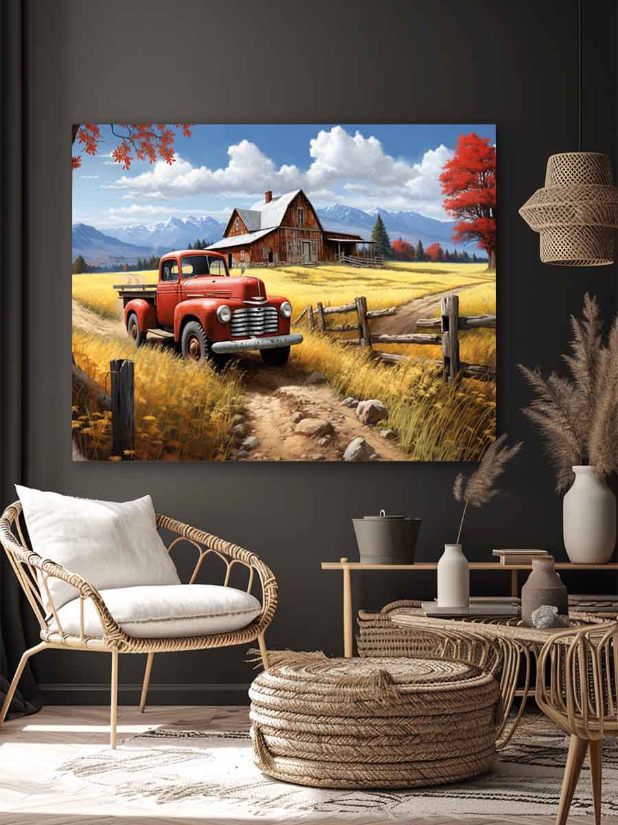Rustic red truck farmhouse canvas art for warm living room decor.