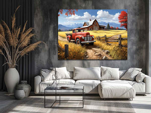 Rustic red truck farmhouse canvas art for warm living room decor.