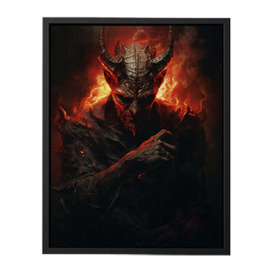 Dark fantasy demon wall art with red fire lighting for gothic decor.