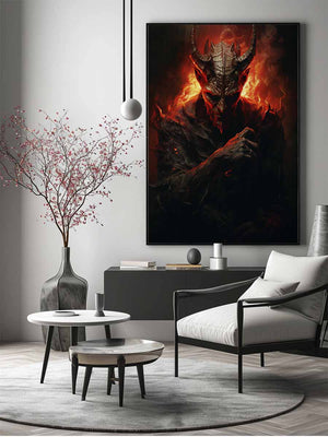 Dark fantasy demon wall art with red fire lighting for gothic decor.