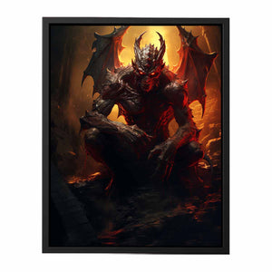 Winged demon canvas print with fiery red glow for gothic room decor.