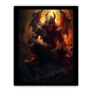 Winged demon canvas print with fiery red glow for gothic room decor.