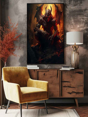 Winged demon canvas print with fiery red glow for gothic room decor.