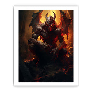 Winged demon canvas print with fiery red glow for gothic room decor.