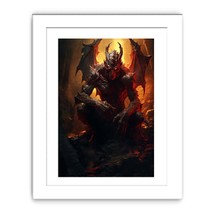 Winged demon canvas print with fiery red glow for gothic room decor.