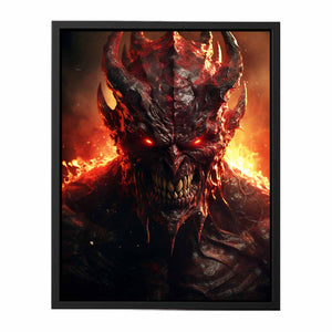 Fiery demon portrait wall art with glowing red eyes for dark decor.