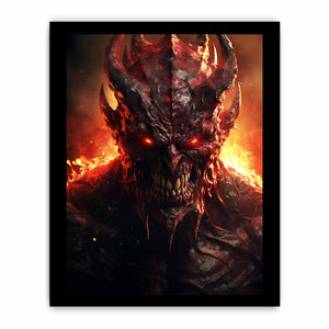 Fiery demon portrait wall art with glowing red eyes for dark decor.