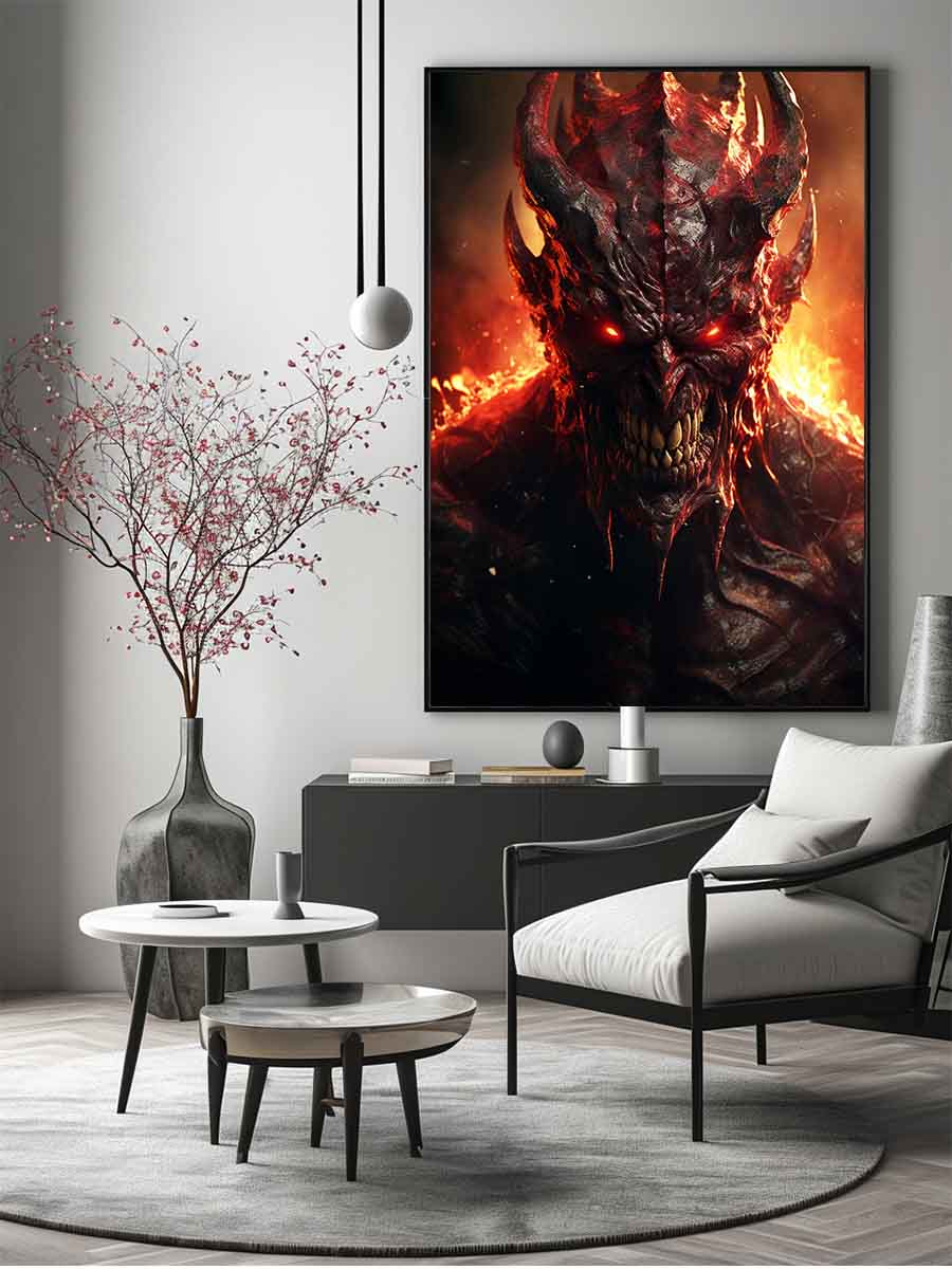 Fiery demon portrait wall art with glowing red eyes for dark decor.