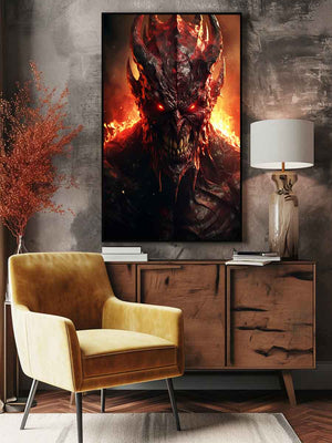 Fiery demon portrait wall art with glowing red eyes for dark decor.