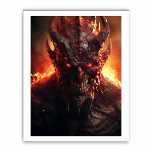 Fiery demon portrait wall art with glowing red eyes for dark decor.