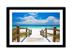 Beach path canvas art with turquoise ocean for coastal living room decor.