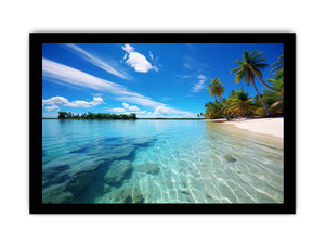 Tropical lagoon beach wall art with palm trees for coastal home decor.