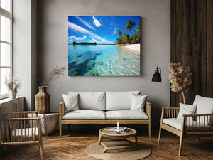Tropical lagoon beach wall art with palm trees for coastal home decor.