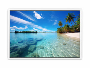 Tropical lagoon beach wall art with palm trees for coastal home decor.