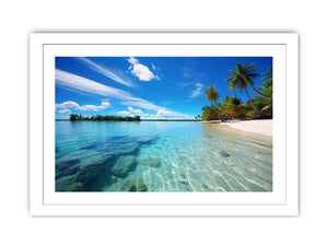 Tropical lagoon beach wall art with palm trees for coastal home decor.