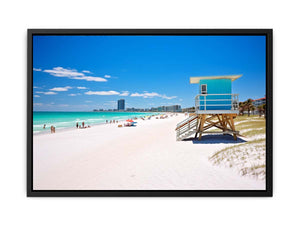 Florida beach lifeguard canvas art with blue tower for coastal decor.