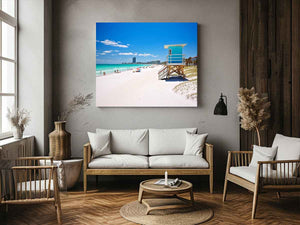 Florida beach lifeguard canvas art with blue tower for coastal decor.