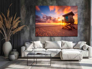 Beach sunset lifeguard wall art with warm sky for coastal bedroom decor.