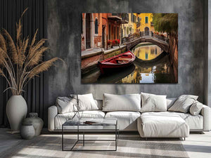 Venice canal wall art with red boat and bridge for elegant living room decor.