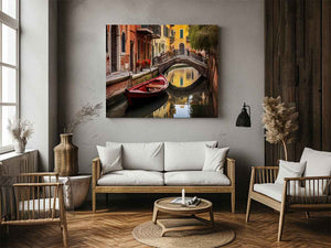 Venice canal wall art with red boat and bridge for elegant living room decor.