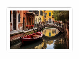 Venice canal wall art with red boat and bridge for elegant living room decor.