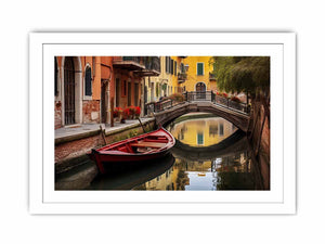 Venice canal wall art with red boat and bridge for elegant living room decor.