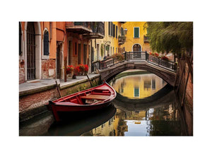 Venice canal wall art with red boat and bridge for elegant living room decor.