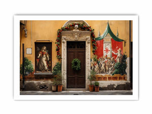 Italian village mural canvas art with warm courtyard and festive doorway.