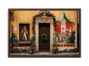 Italian village mural canvas art with warm courtyard and festive doorway.
