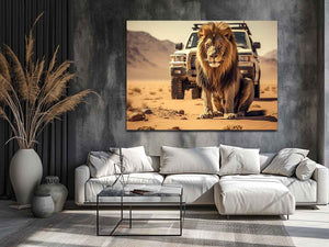 Lion desert canvas art with safari vehicle and sandy landscape for bold office or living room decor.