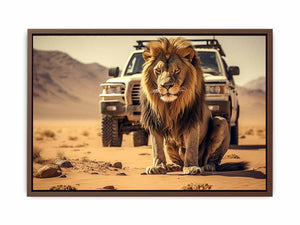 Lion desert canvas art with safari vehicle and sandy landscape for bold office or living room decor.