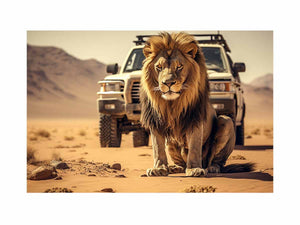 Lion desert canvas art with safari vehicle and sandy landscape for bold office or living room decor.