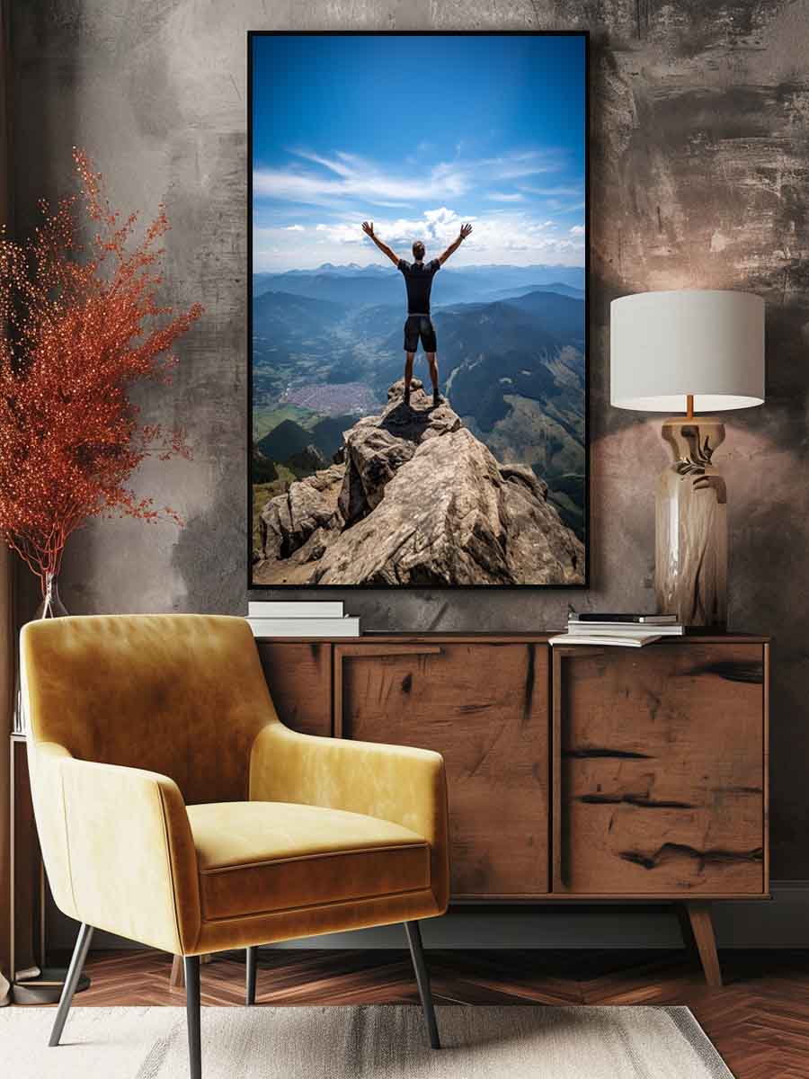 Motivational mountain poster with hiker on cliff for inspiring office, bedroom, or hallway decor.