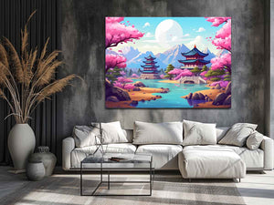 South Korea inspired cherry blossom palace canvas art for colorful bedroom or nursery decor.