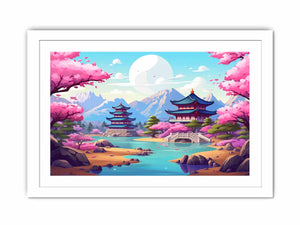South Korea inspired cherry blossom palace canvas art for colorful bedroom or nursery decor.