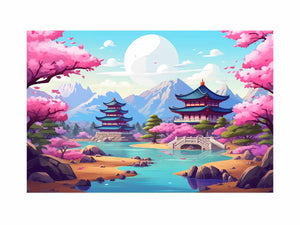 South Korea inspired cherry blossom palace canvas art for colorful bedroom or nursery decor.