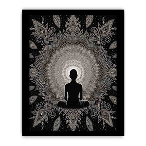 Black and white meditation mandala poster for peaceful bedroom, yoga room, or mindfulness decor.