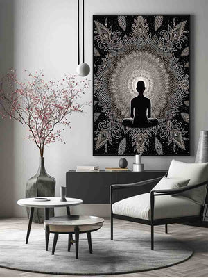 Black and white meditation mandala poster for peaceful bedroom, yoga room, or mindfulness decor.