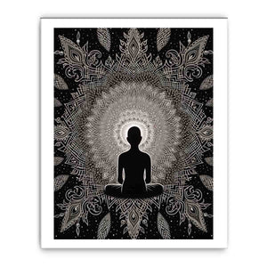 Black and white meditation mandala poster for peaceful bedroom, yoga room, or mindfulness decor.