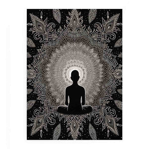Black and white meditation mandala poster for peaceful bedroom, yoga room, or mindfulness decor.