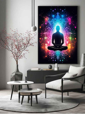 Colorful meditation canvas art with glowing aura and mandala energy for yoga room or bedroom decor.