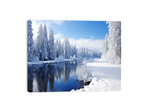 Alpine Winter Mirror snow covered alpine river landscape for modern home decor.