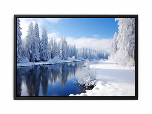 Alpine Winter Mirror snow covered alpine river landscape for modern home decor.