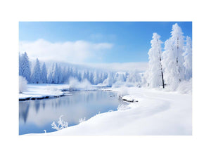 Snowfall Alpine Calm bright winter river scene for modern home decor.