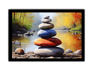 Balanced River Stones painted stacked stones in a shallow river for modern home decor.