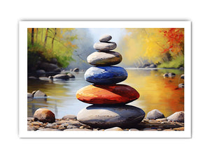 Balanced River Stones painted stacked stones in a shallow river for modern home decor.